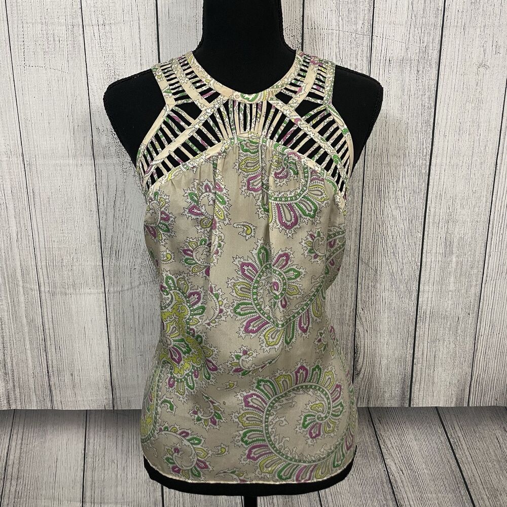 Anthropologie Leifnotes Women's Size 2 Multicolor Paisley Silk Lattice Trim Top